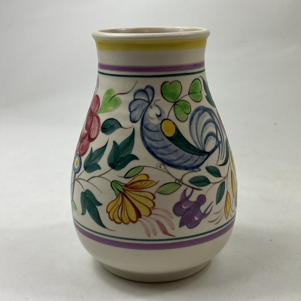 Vintage Poole Pottery Vase Rooster Floral Folk Art Hand Painted Ceramic 6"